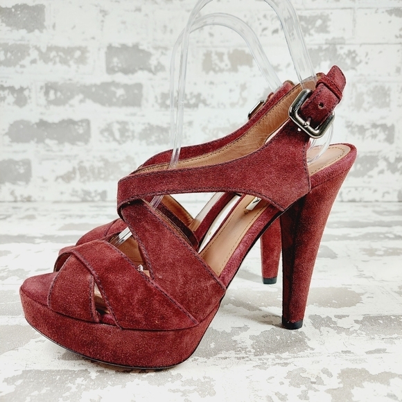 Prada Burgundy Red Suede Buckle Slingback High Heeled Sandals O97 - Picture 1 of 12